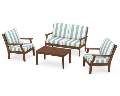 POLYWOOD® Braxton 4-Piece Deep Seating Chair Set in Teak / Cabana Stripe Glacier Spa
