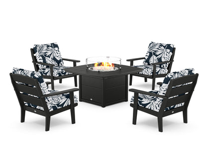 POLYWOOD® Lakeside 5-Piece Deep Seating Set with Nautical Fire Pit Table in Black / Leaf Marine Indigo