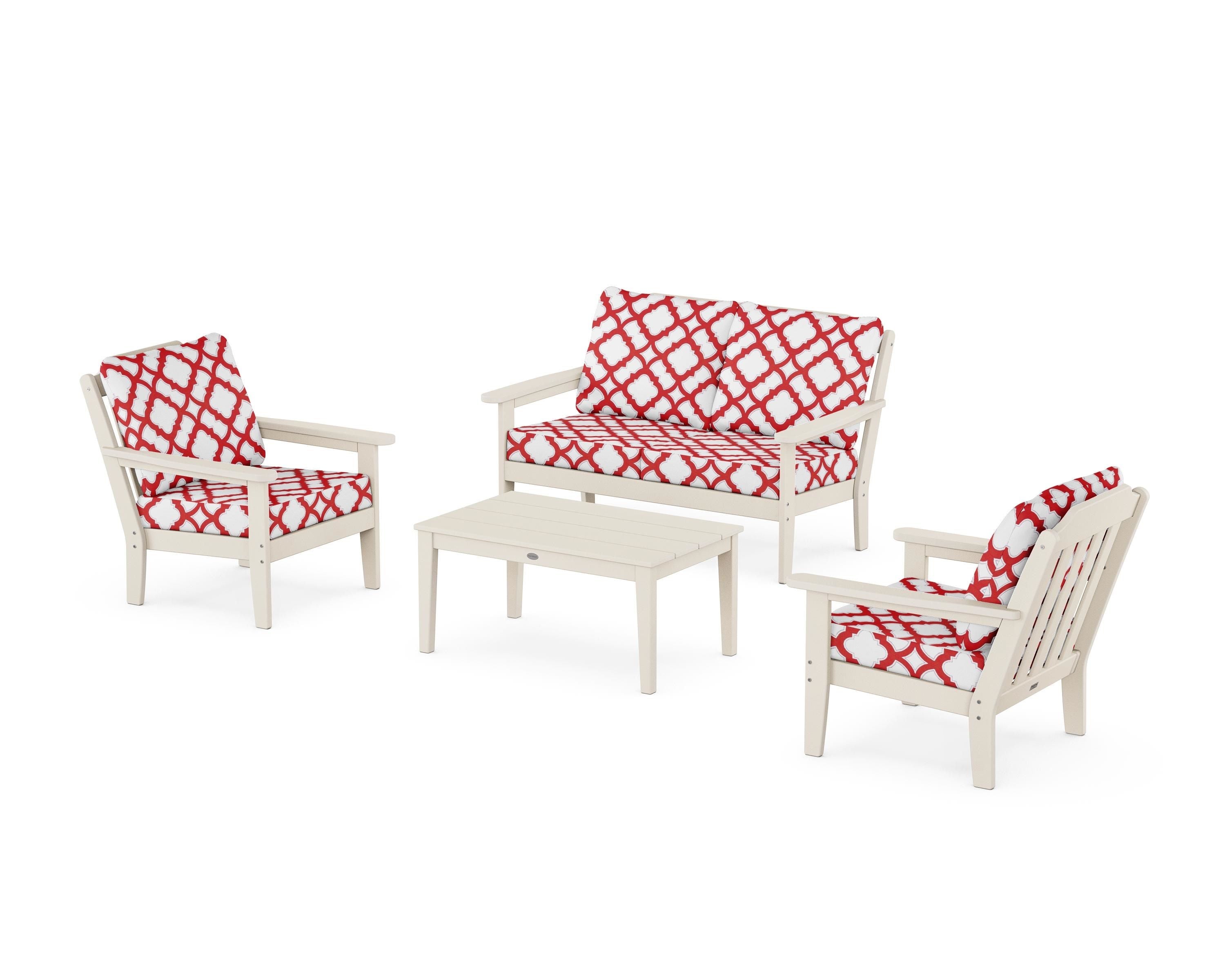 Country Living Cottage 4-Piece Deep Seating Set with Loveseat in Sand / Trellis Crimson