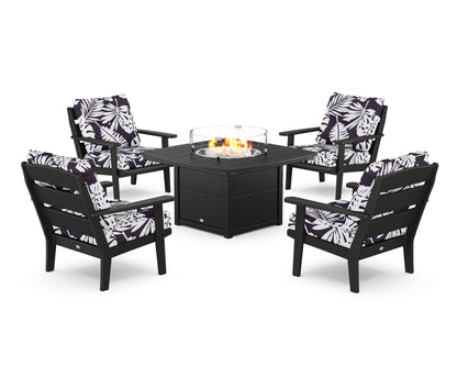 POLYWOOD® Lakeside 5-Piece Deep Seating Set with Nautical Fire Pit Table in Black / Leaf Navy