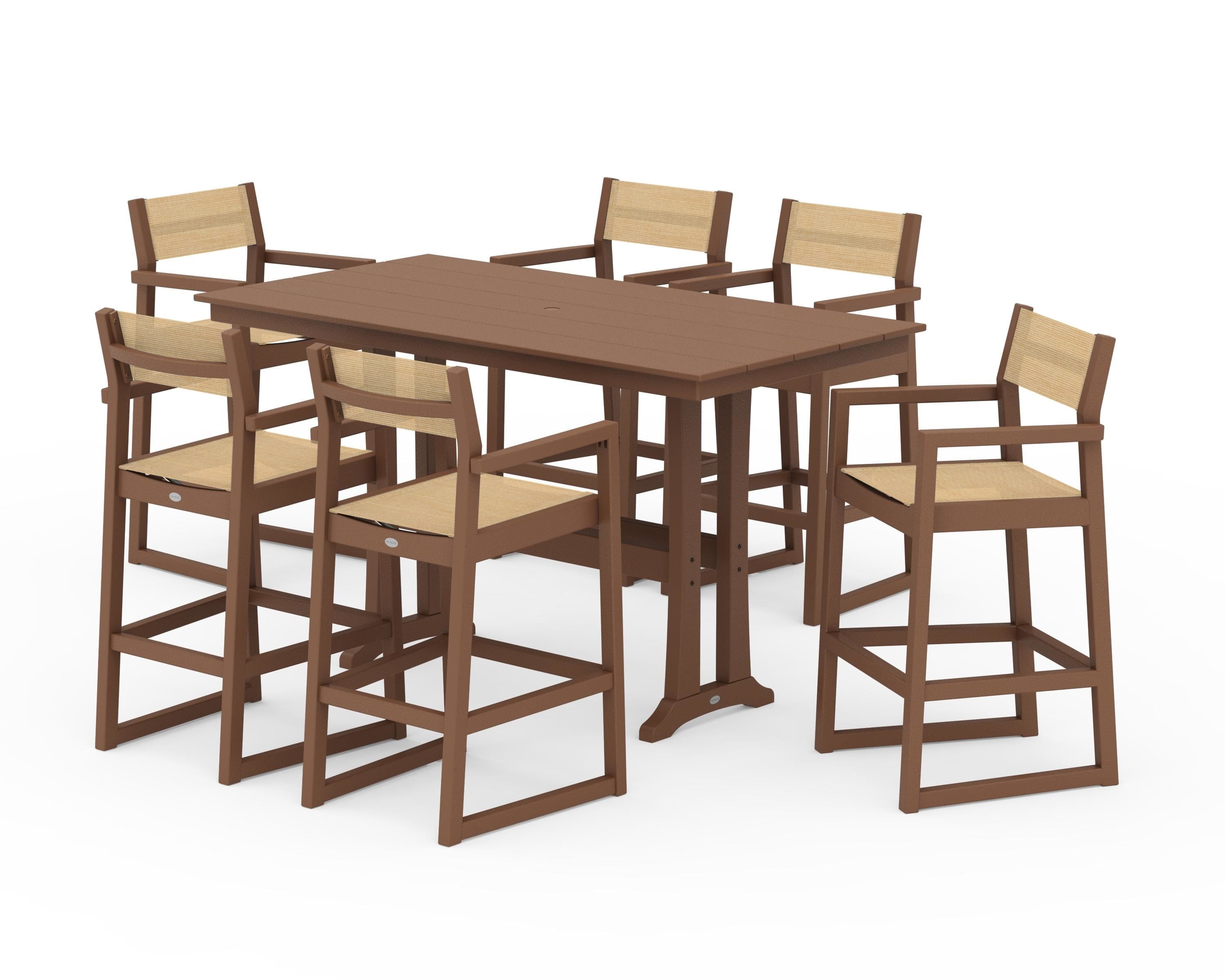 POLYWOOD® EDGE Sling Arm Chair 7-Piece Farmhouse Bar Set with Trestle Legs in Teak / Dupioni Apricot Sling