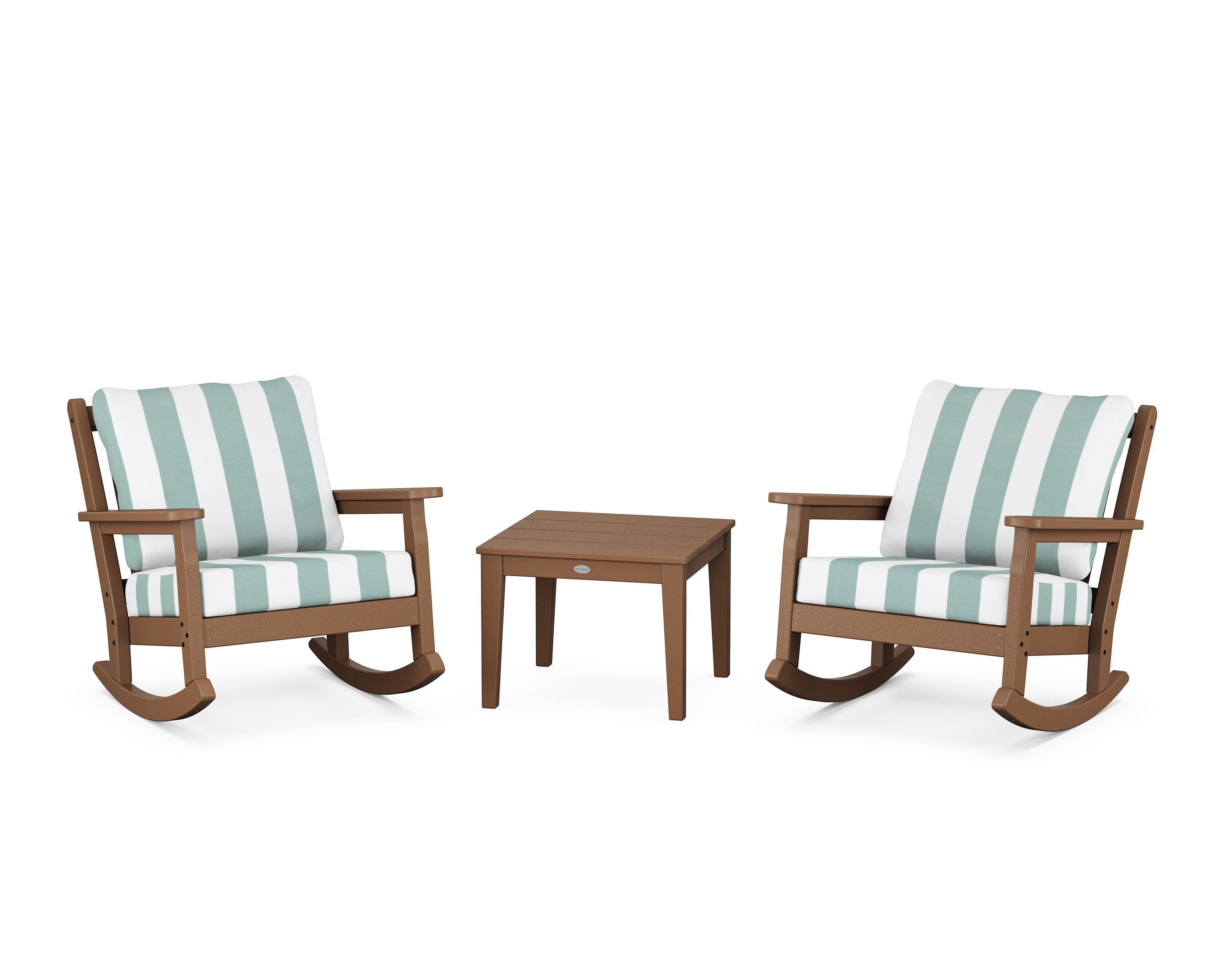POLYWOOD® Chippendale 3-Piece Deep Seating Rocker Set in Teak / Cabana Stripe Glacier Spa
