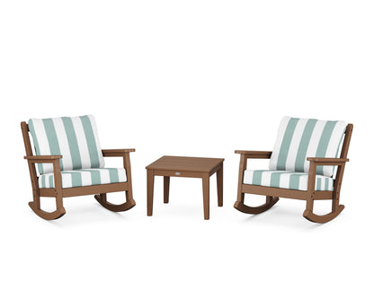 POLYWOOD® Chippendale 3-Piece Deep Seating Rocker Set in Teak / Cabana Stripe Glacier Spa