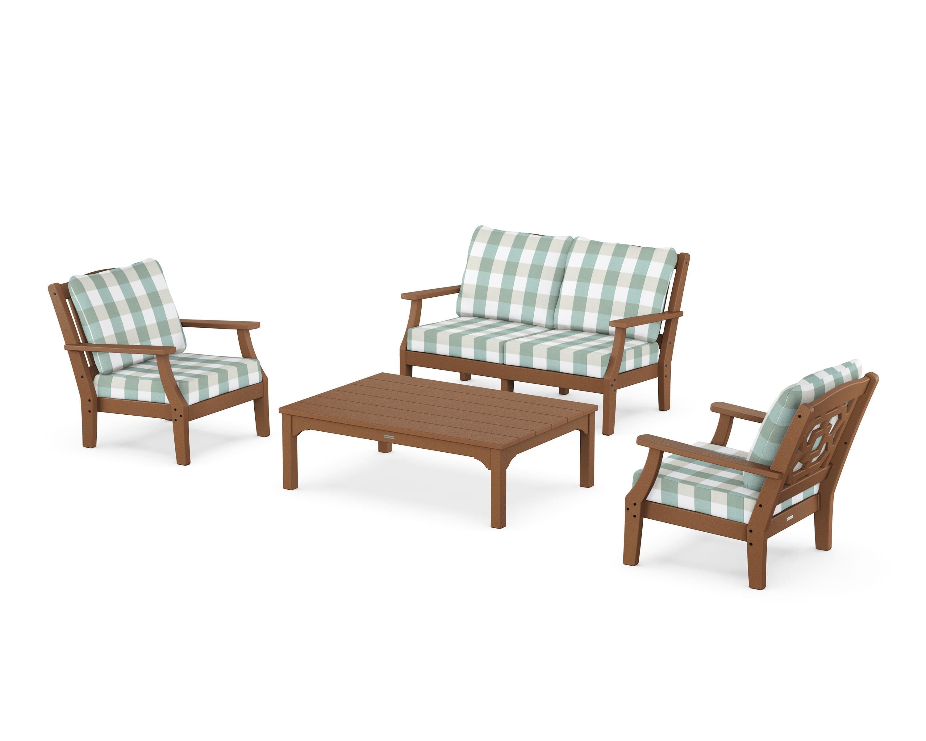 Martha Stewart by POLYWOOD® Chinoiserie 4-Piece Deep Seating Set with Loveseat in Teak / Buffalo Plaid Glacier Spa