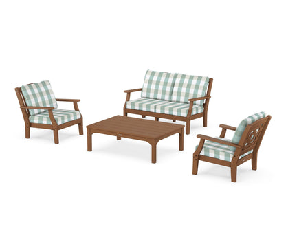 Martha Stewart by POLYWOOD® Chinoiserie 4-Piece Deep Seating Set with Loveseat in Teak / Buffalo Plaid Glacier Spa