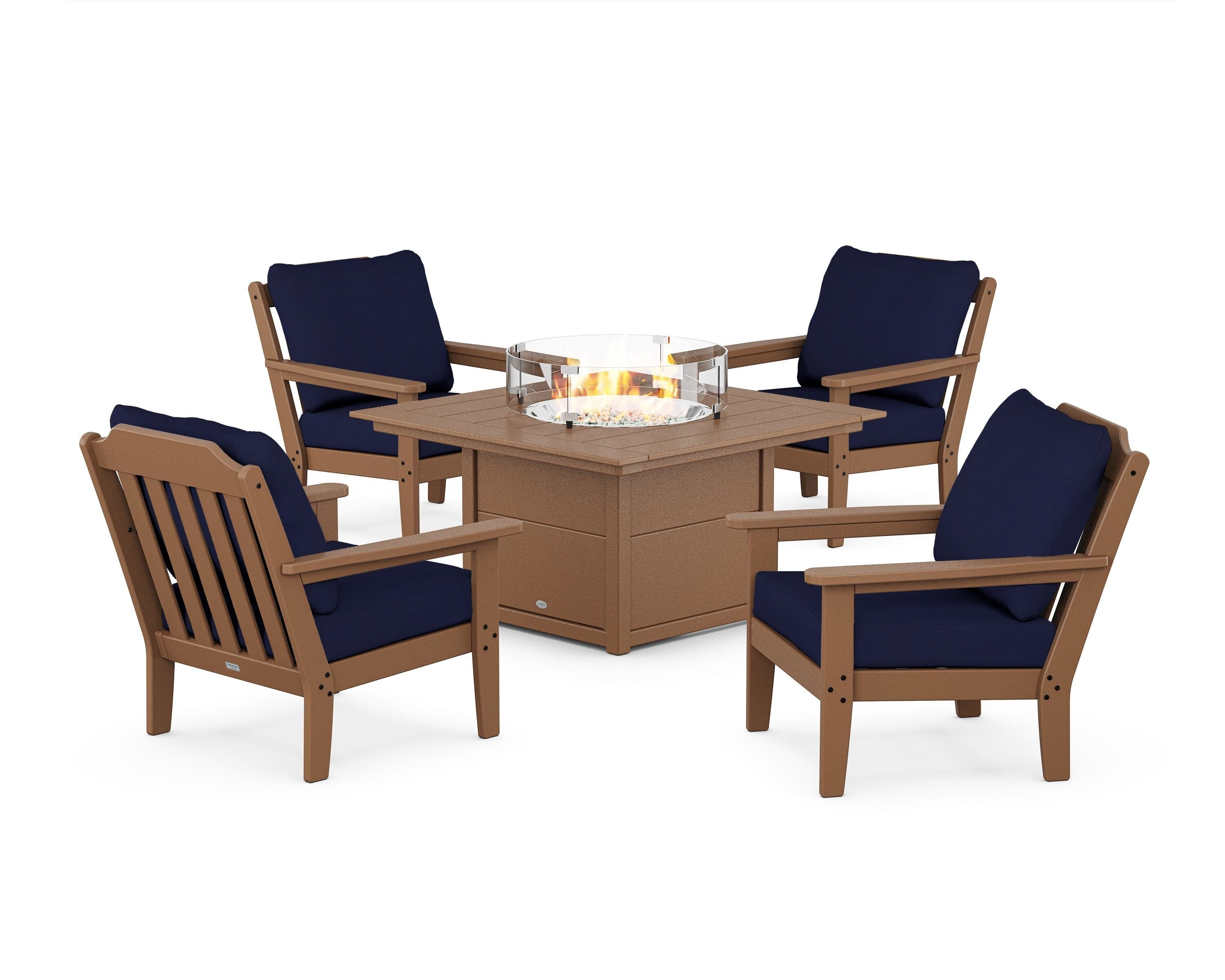 Country Living Cottage 5-Piece Deep Seating Set with Fire Pit Table in Teak / Navy