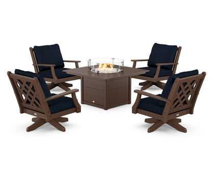 Country Living Wovendale 5-Piece Deep Seating Swivel Conversation Set with Fire Pit Table in Mahogany / Marine Indigo
