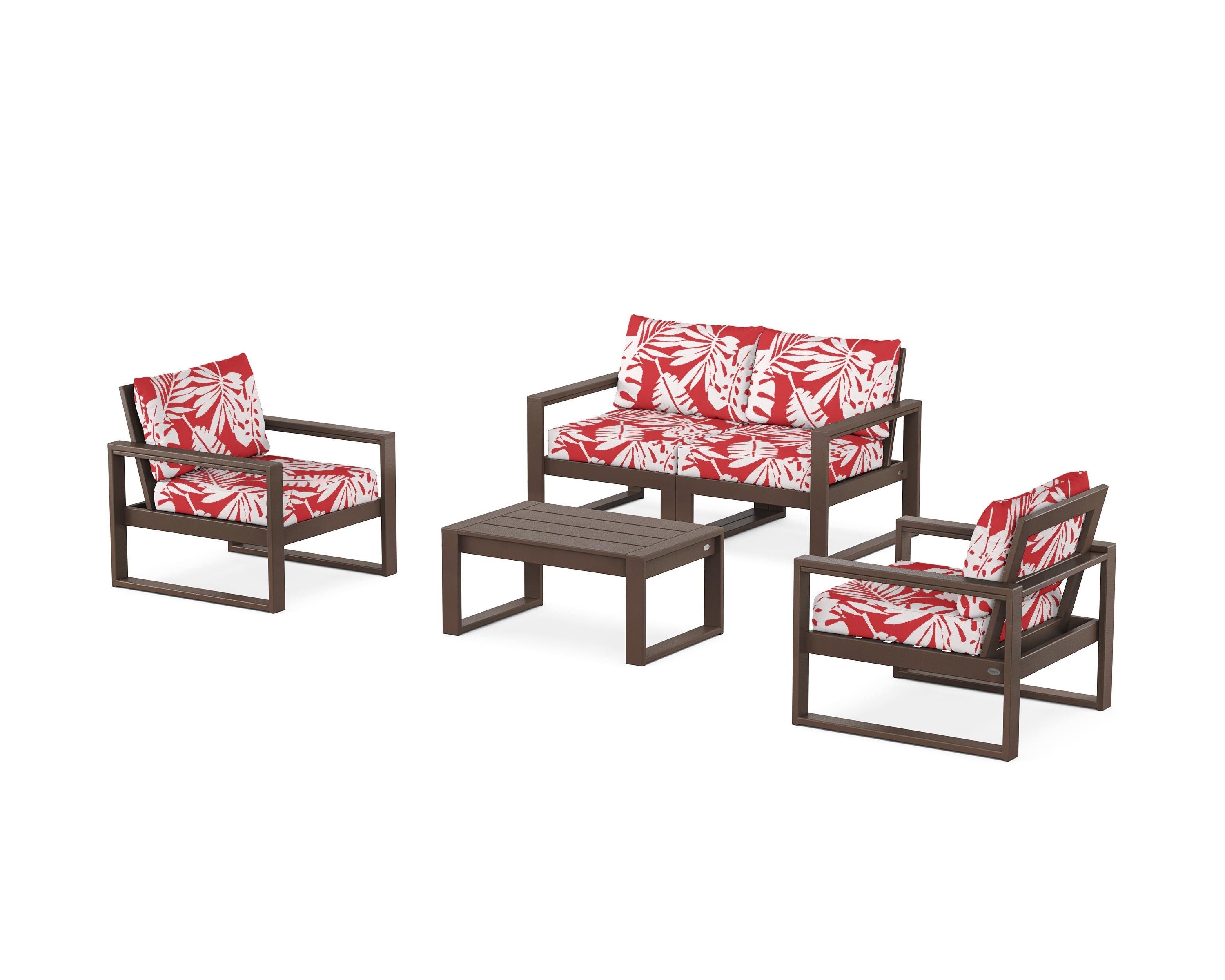 POLYWOOD® EDGE Sectional 4-Piece Deep Seating Set with Loveseat in Mahogany / Leaf Crimson