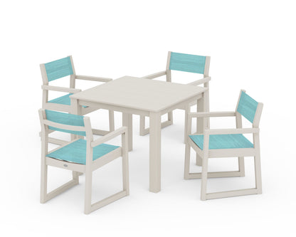 POLYWOOD® EDGE Sling Arm Chair 5-Piece Parsons Dining Set in Sand / Dupioni Aquamarine Sling