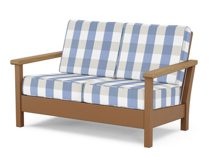 POLYWOOD® Harbour Deep Seating Loveseat in Teak / Natural / Buffalo Plaid Sky Blue