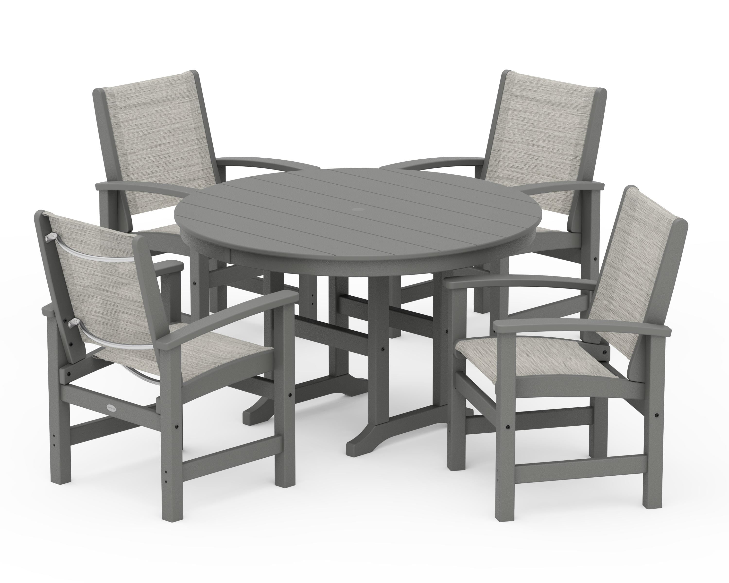POLYWOOD® Coastal 5-Piece Round Farmhouse Dining Set in Slate Grey / Birch Sling