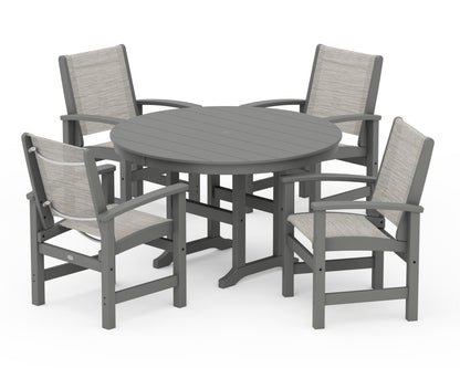 POLYWOOD® Coastal 5-Piece Round Farmhouse Dining Set in Slate Grey / Birch Sling