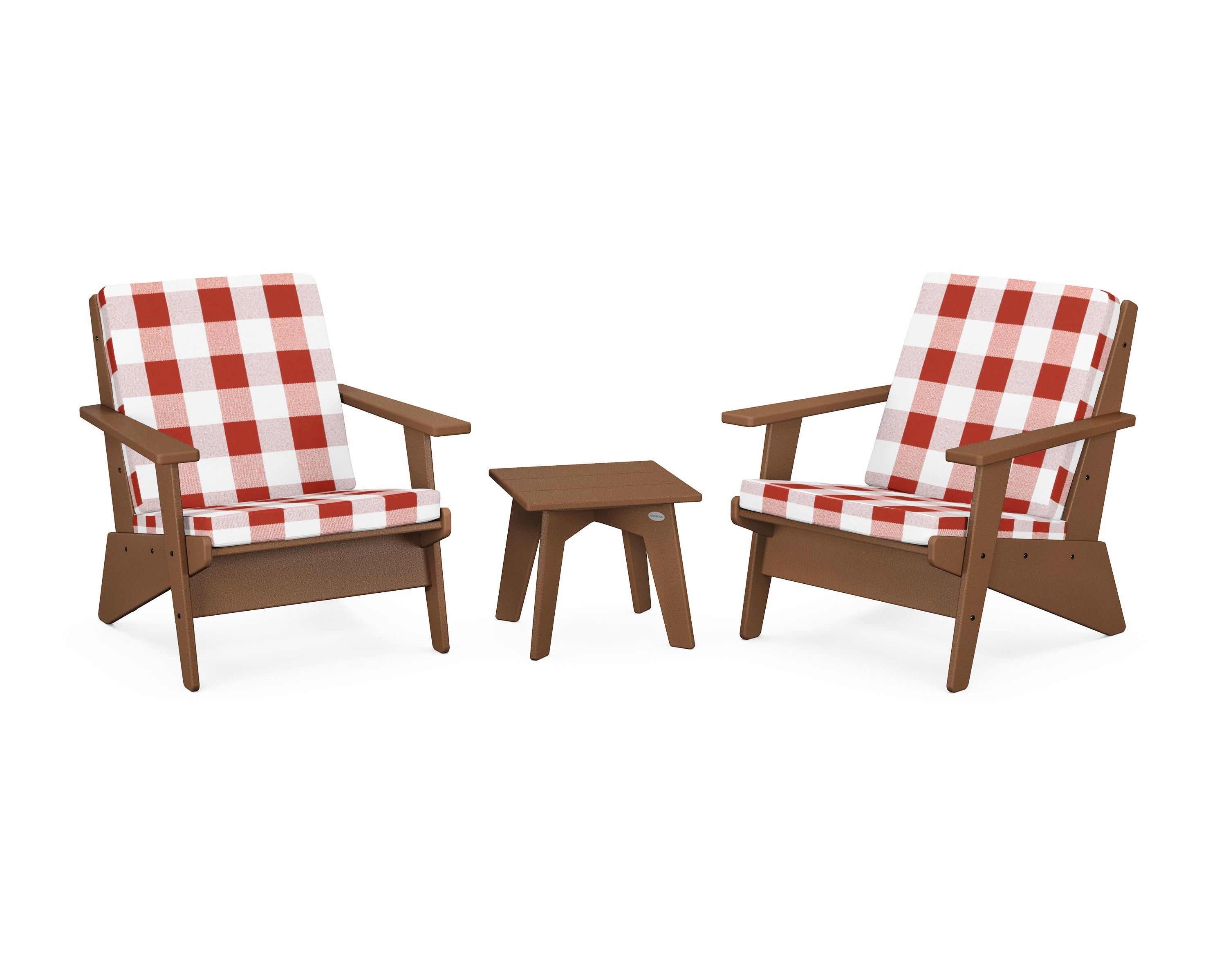 POLYWOOD® Riviera Modern Lounge 3-Piece Set in Teak / Buffalo Plaid Crimson