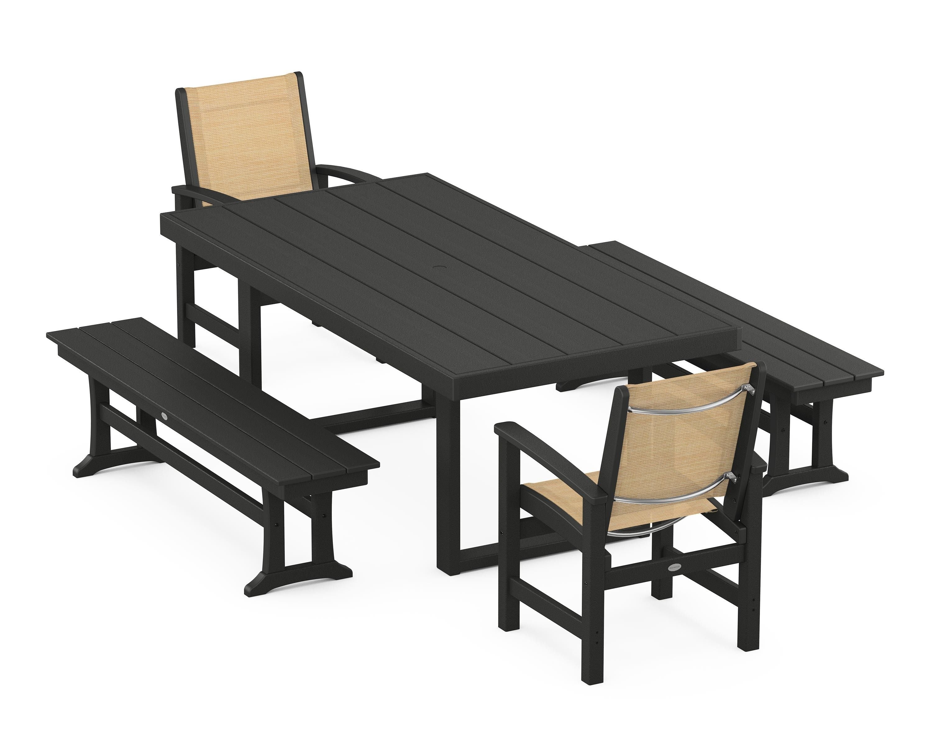 POLYWOOD® Coastal 5-Piece Dining Set with Trestle Legs in Black / Dupioni Apricot Sling