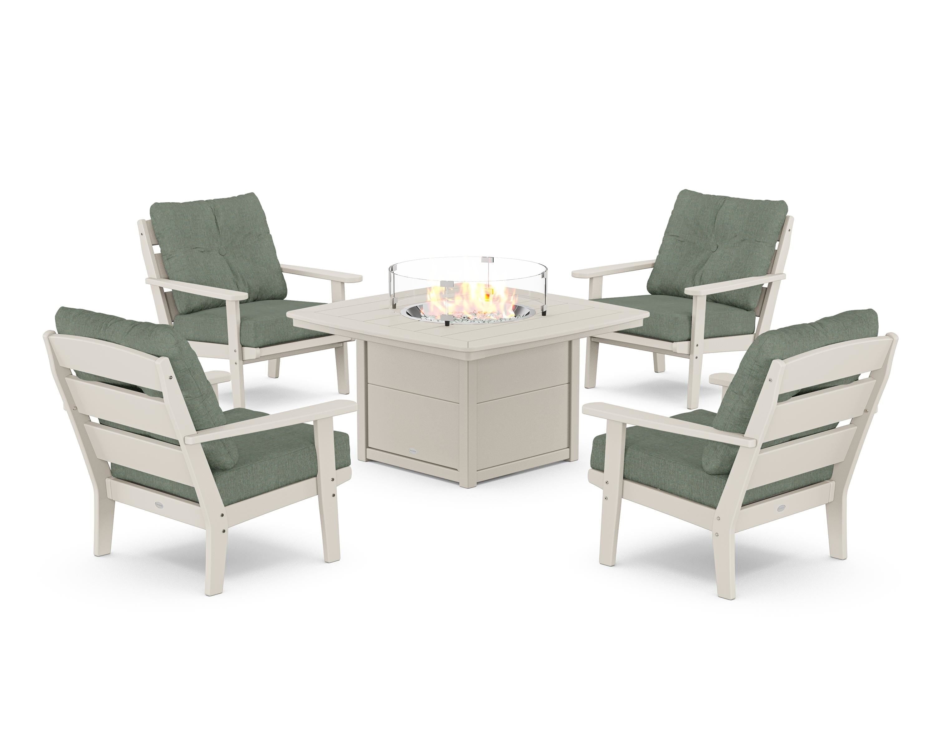 POLYWOOD® Lakeside 5-Piece Deep Seating Set with Nautical Fire Pit Table in Sand / Cast Sage