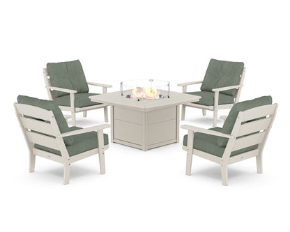 POLYWOOD® Lakeside 5-Piece Deep Seating Set with Nautical Fire Pit Table in Sand / Cast Sage
