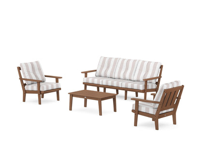 POLYWOOD® Oxford 4-Piece Deep Seating Set with Sofa in Teak / Cabana Stripe Dune Burlap