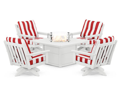 POLYWOOD® Vineyard 5-Piece Deep Seating Swivel Conversation Set with Fire Pit Table in White / Cabana Stripe Crimson