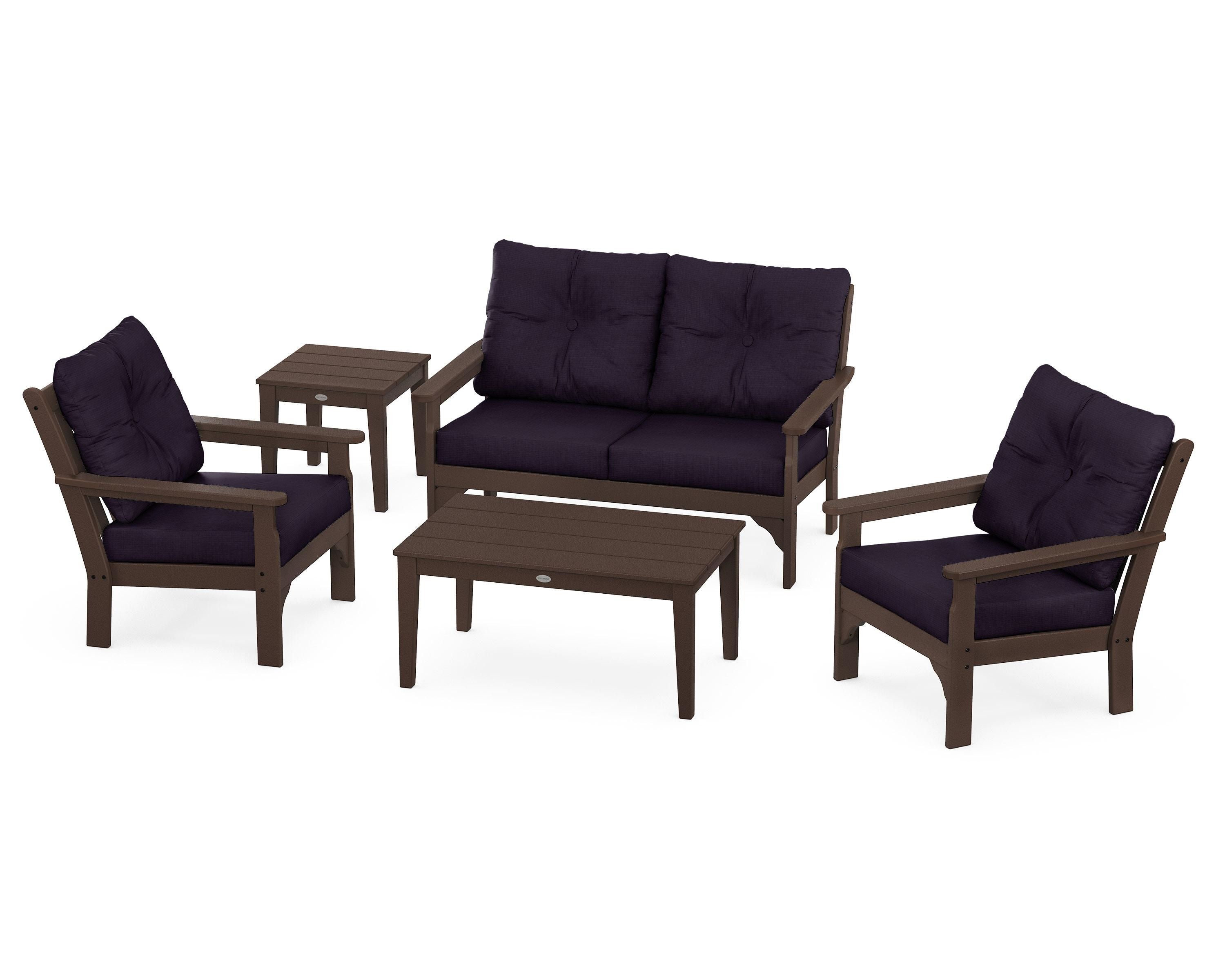 POLYWOOD® Vineyard 5-Piece Deep Seating Set in Mahogany / Navy Linen
