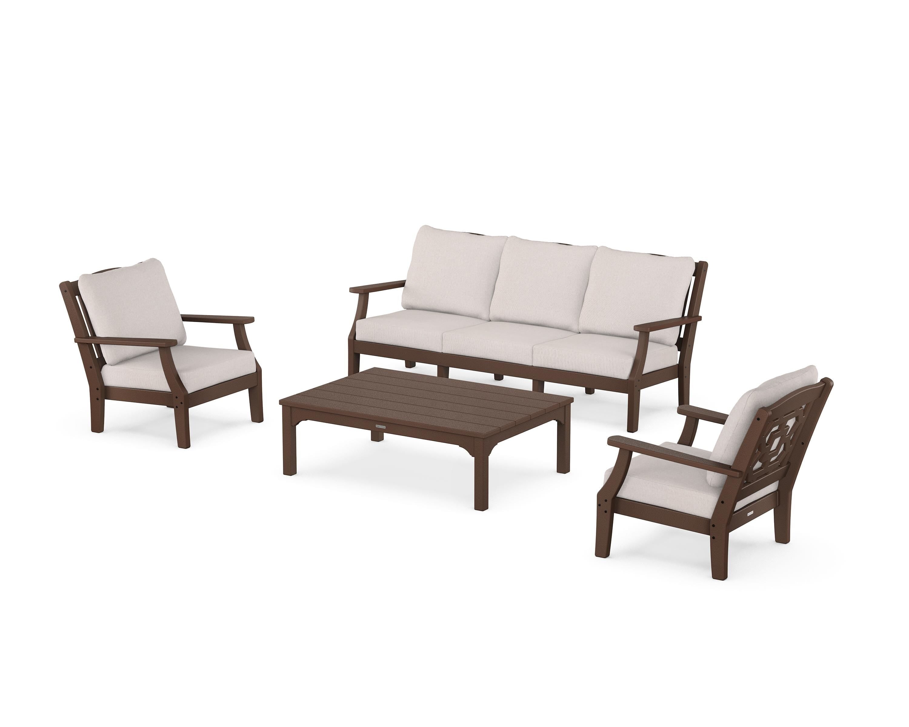 Martha Stewart by POLYWOOD® Chinoiserie 4-Piece Deep Seating Set with Sofa in Mahogany / Dune Burlap