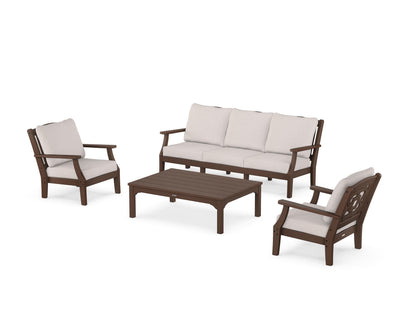 Martha Stewart by POLYWOOD® Chinoiserie 4-Piece Deep Seating Set with Sofa in Mahogany / Dune Burlap