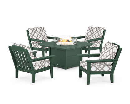 Country Living Cottage 5-Piece Deep Seating Set with Fire Pit Table in Green / Trellis Grey Mist
