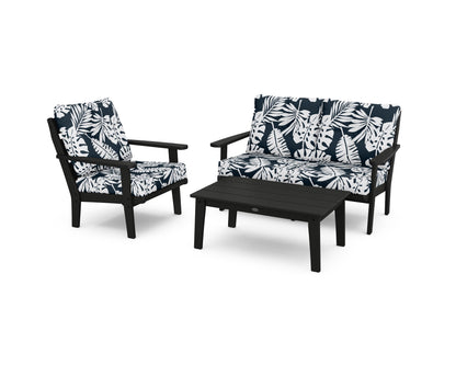 POLYWOOD® Lakeside 3-Piece Deep Seating Set in Black / Leaf Marine Indigo