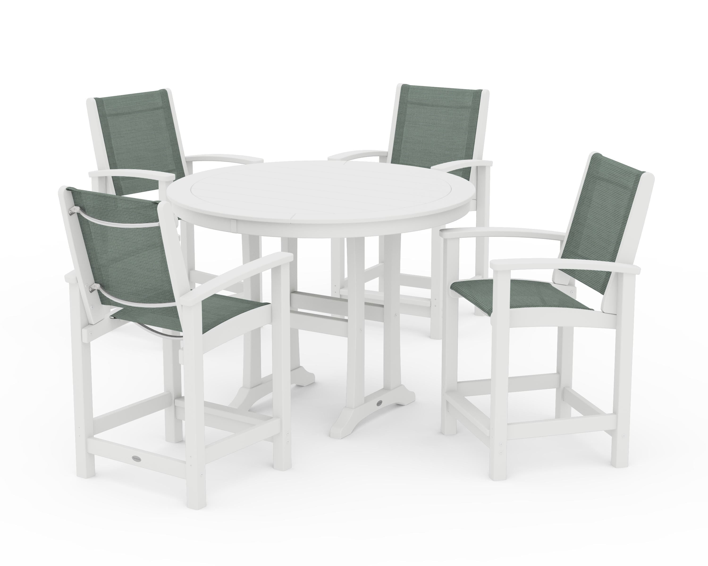 POLYWOOD® Coastal 5-Piece Counter Set in White / Dupioni Sea Mist Sling