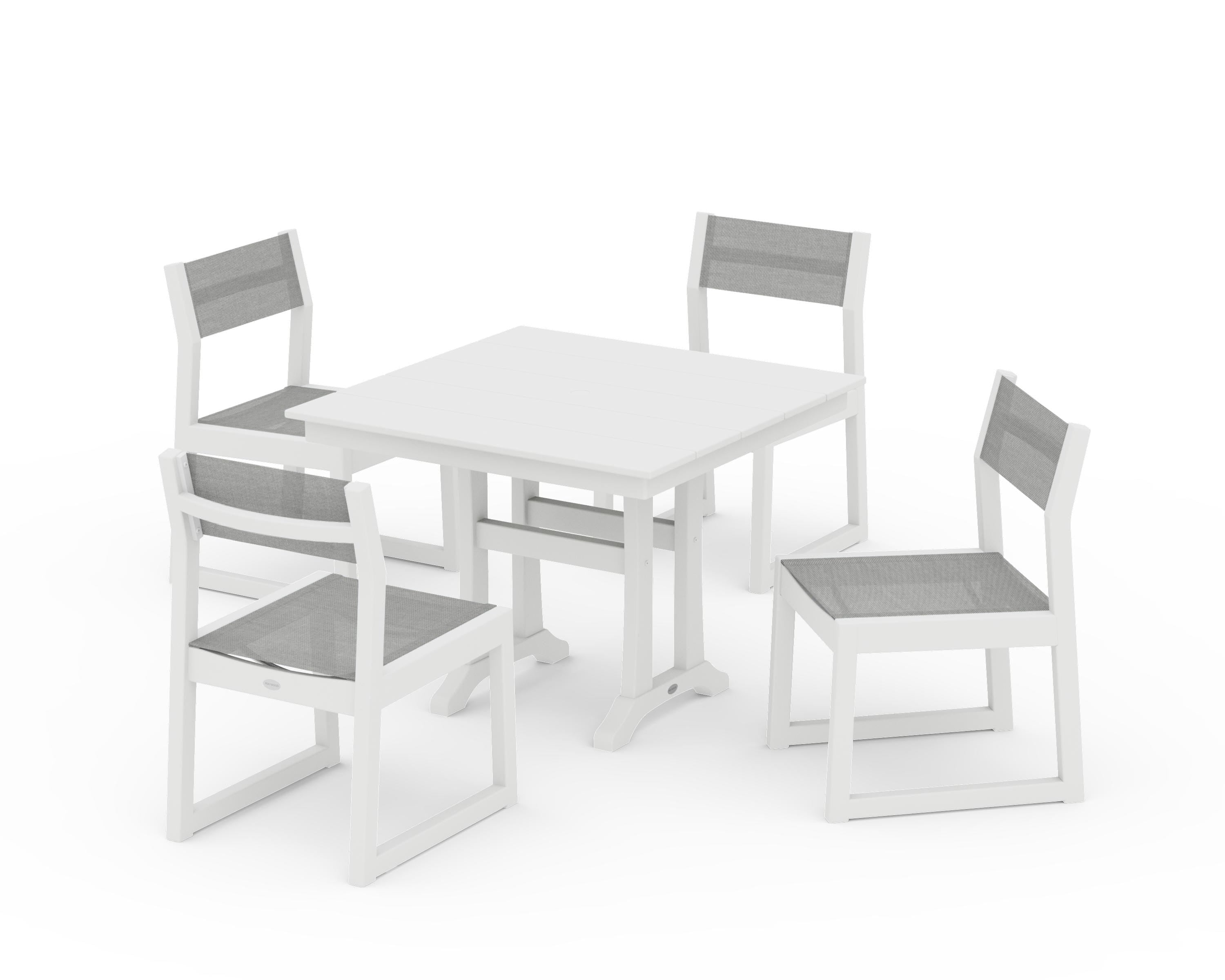 POLYWOOD® EDGE Sling 5-Piece Farmhouse Trestle Side Chair Dining Set in White / Metallic Sling