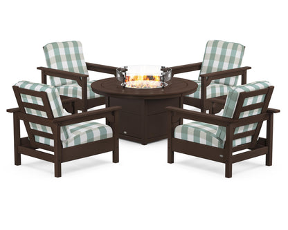 POLYWOOD® Club 5-Piece Conversation Set with Fire Pit Table in Mahogany / Buffalo Plaid Glacier Spa