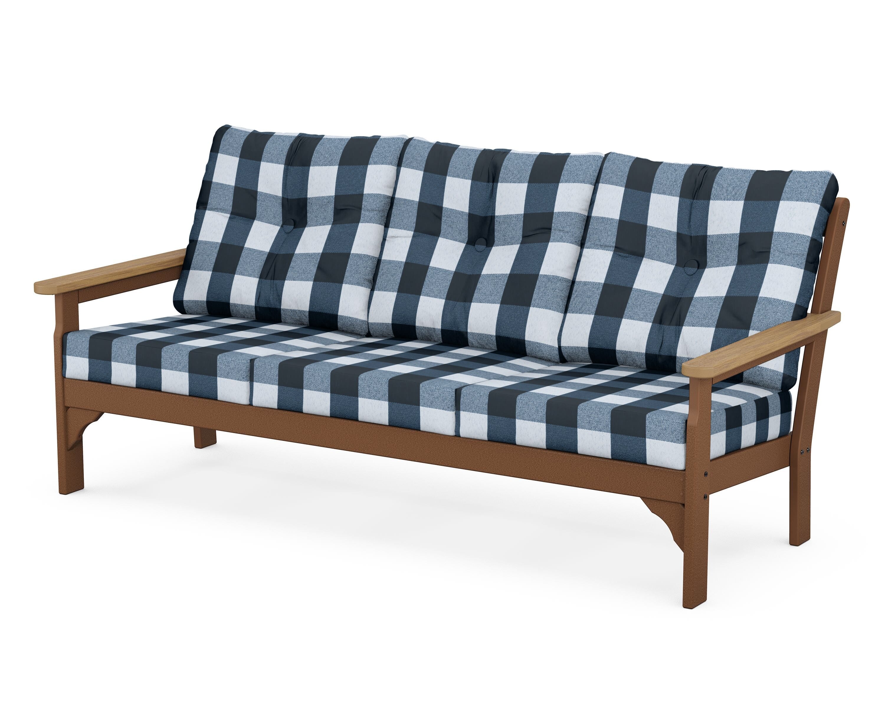 POLYWOOD® Vineyard Deep Seating Sofa in Teak / Natural / Buffalo Plaid Marine Indigo