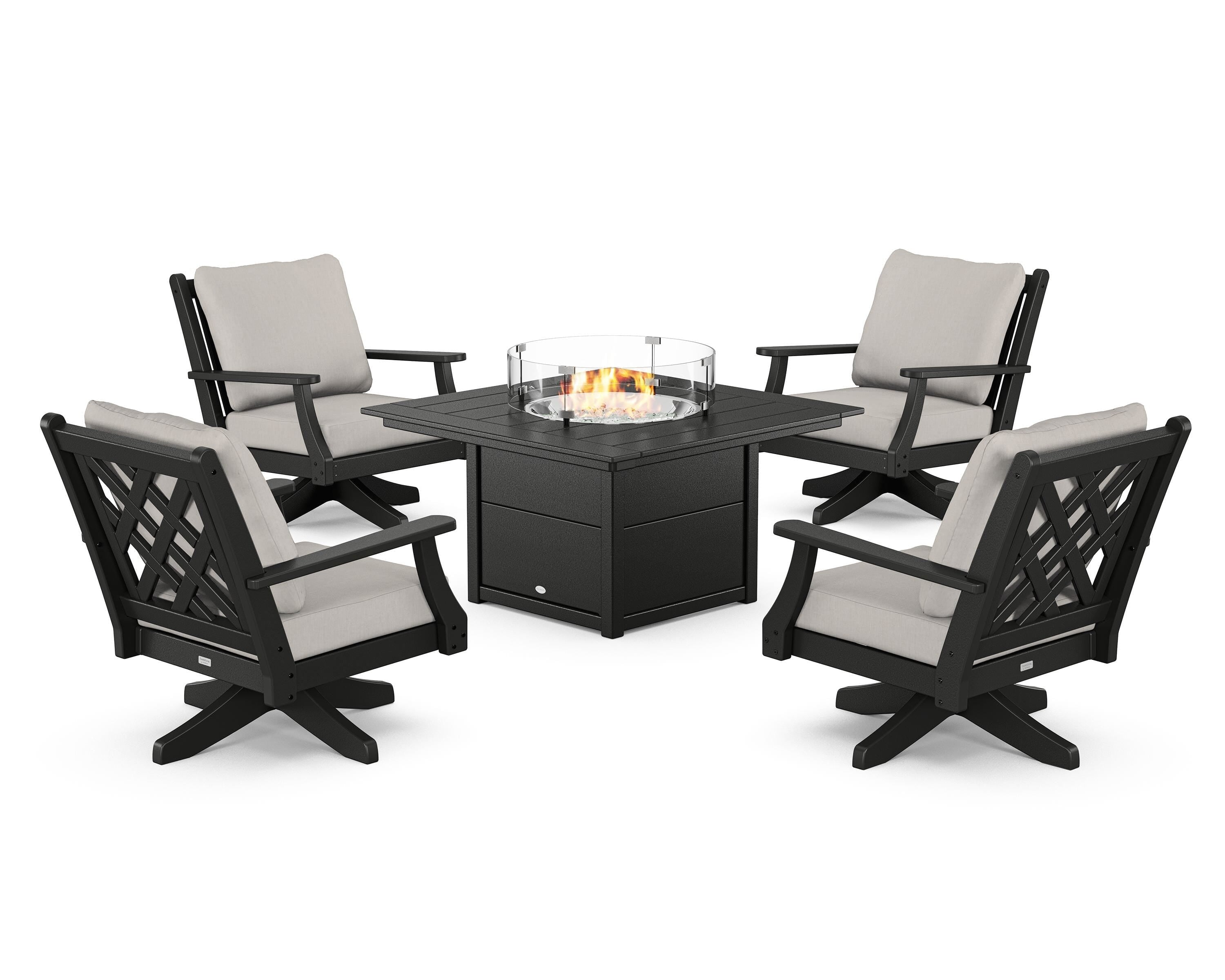 Country Living Wovendale 5-Piece Deep Seating Swivel Conversation Set with Fire Pit Table in Black / Cast Ash
