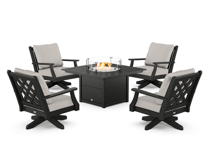 Country Living Wovendale 5-Piece Deep Seating Swivel Conversation Set with Fire Pit Table in Black / Cast Ash