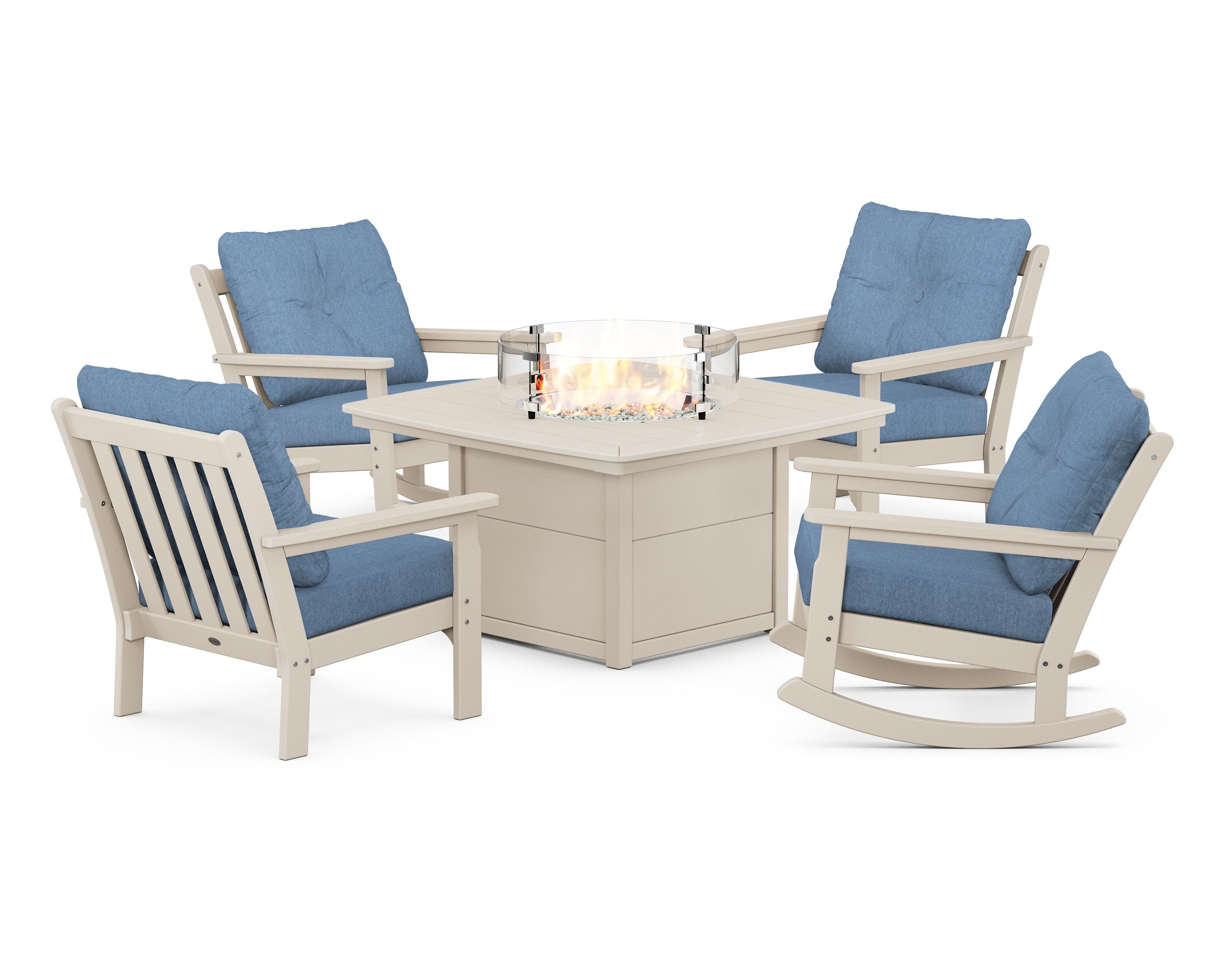 POLYWOOD® Vineyard 5-Piece Deep Seating Rocking Chair Conversation Set with Fire Pit Table in Sand / Sky Blue