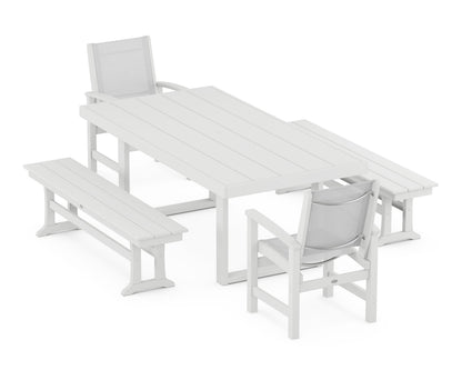 POLYWOOD® Coastal 5-Piece Dining Set with Trestle Legs in White / White Sling
