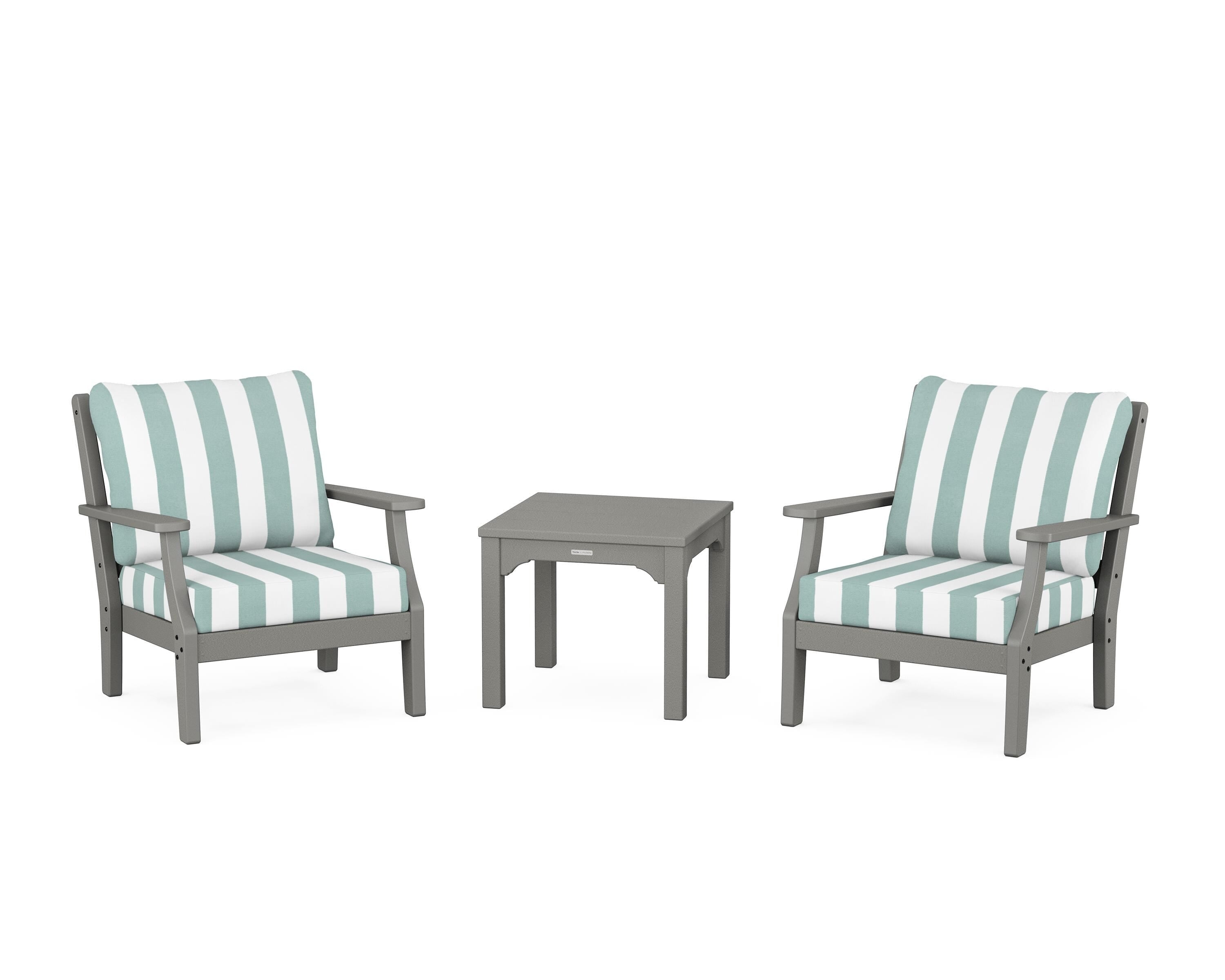 Martha Stewart by POLYWOOD® Chinoiserie 3-Piece Deep Seating Set in Slate Grey / Cabana Stripe Glacier Spa