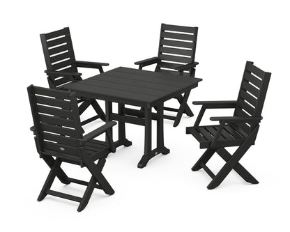 POLYWOOD® Captain Folding Chair 5-Piece Farmhouse Dining Set With Trestle Legs in Black
