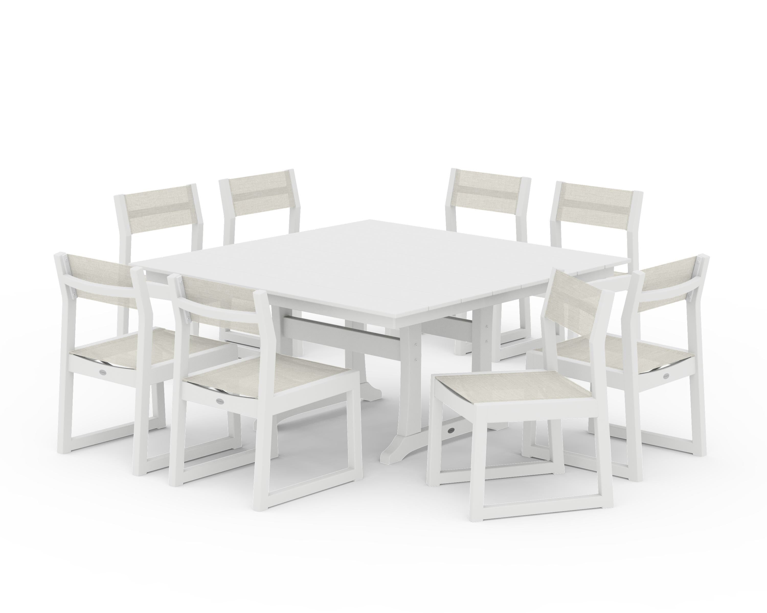 POLYWOOD® EDGE Sling Side Chair 9-Piece Farmhouse Trestle Dining Set in White / Parchment Sling