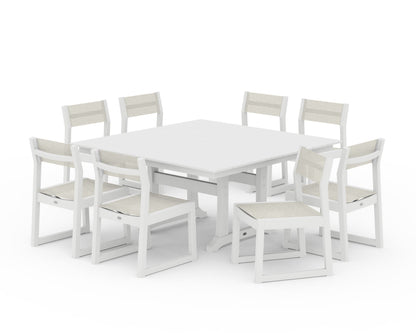 POLYWOOD® EDGE Sling Side Chair 9-Piece Farmhouse Trestle Dining Set in White / Parchment Sling