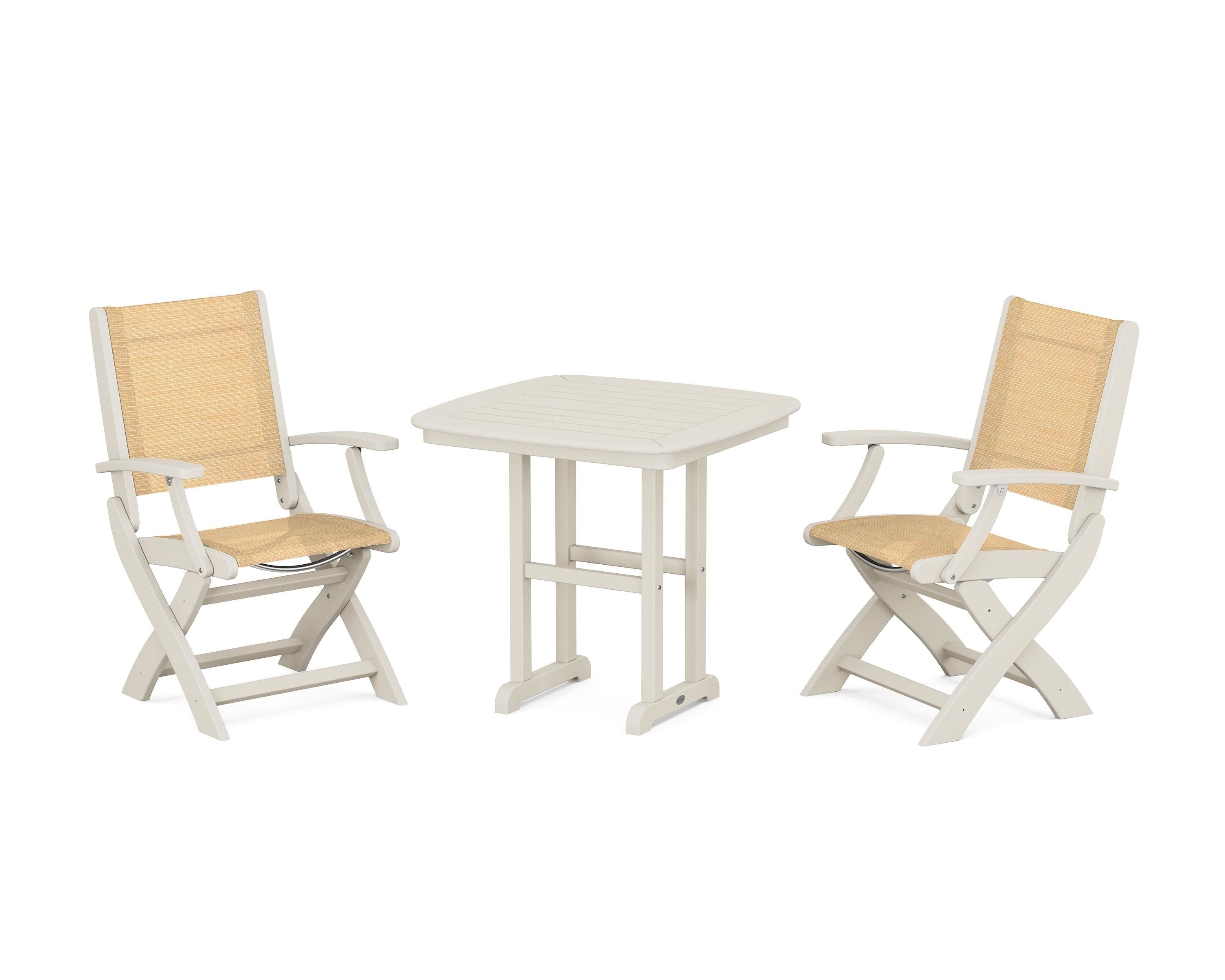 POLYWOOD® Coastal Folding Chair 3-Piece Dining Set in Sand / Dupioni Apricot Sling
