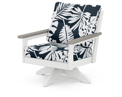 POLYWOOD® Vineyard Deep Seating Swivel Chair in White / Driftwood / Leaf Marine Indigo