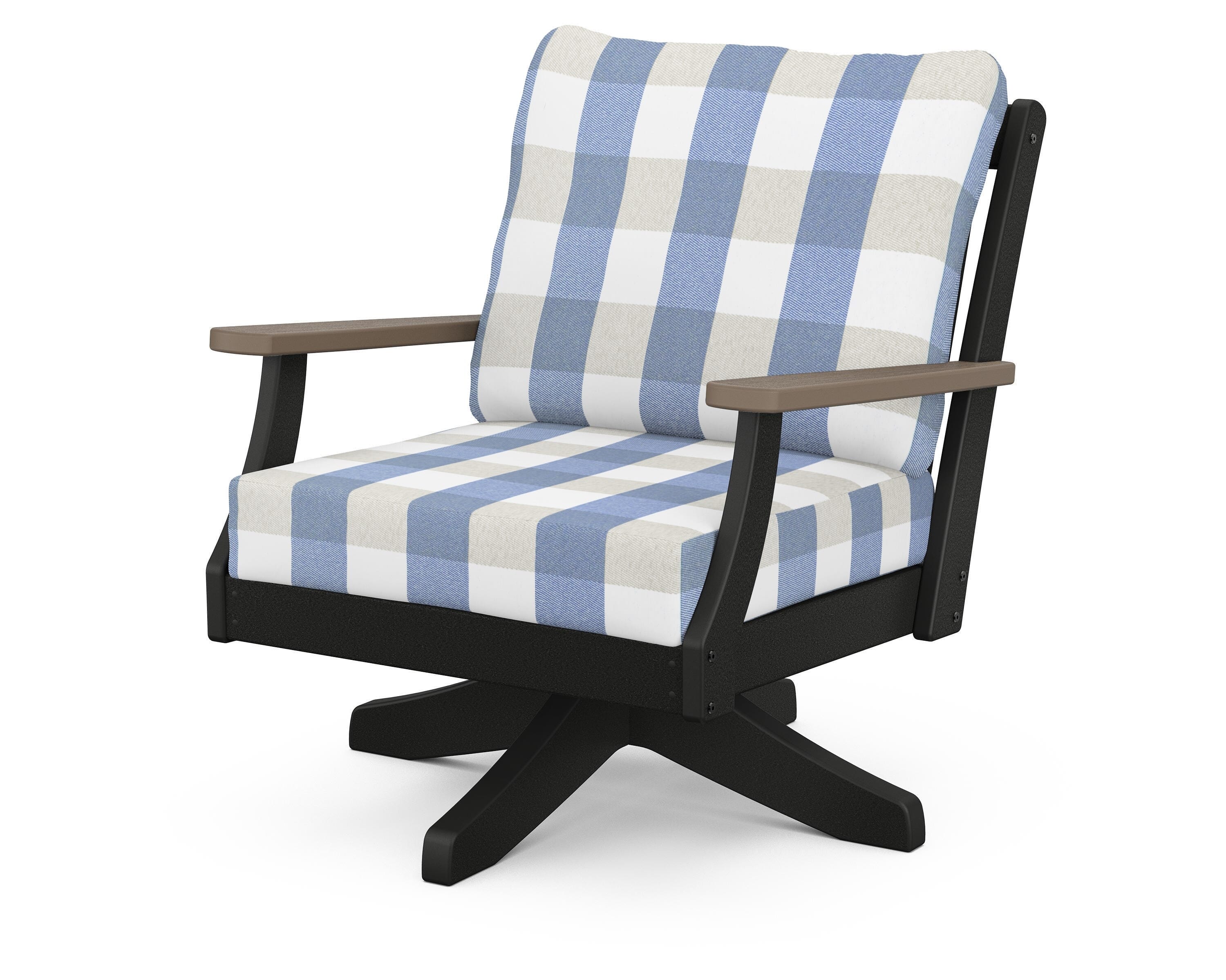 POLYWOOD® Braxton Deep Seating Swivel Chair in Black / Kona / Buffalo Plaid Sky Blue