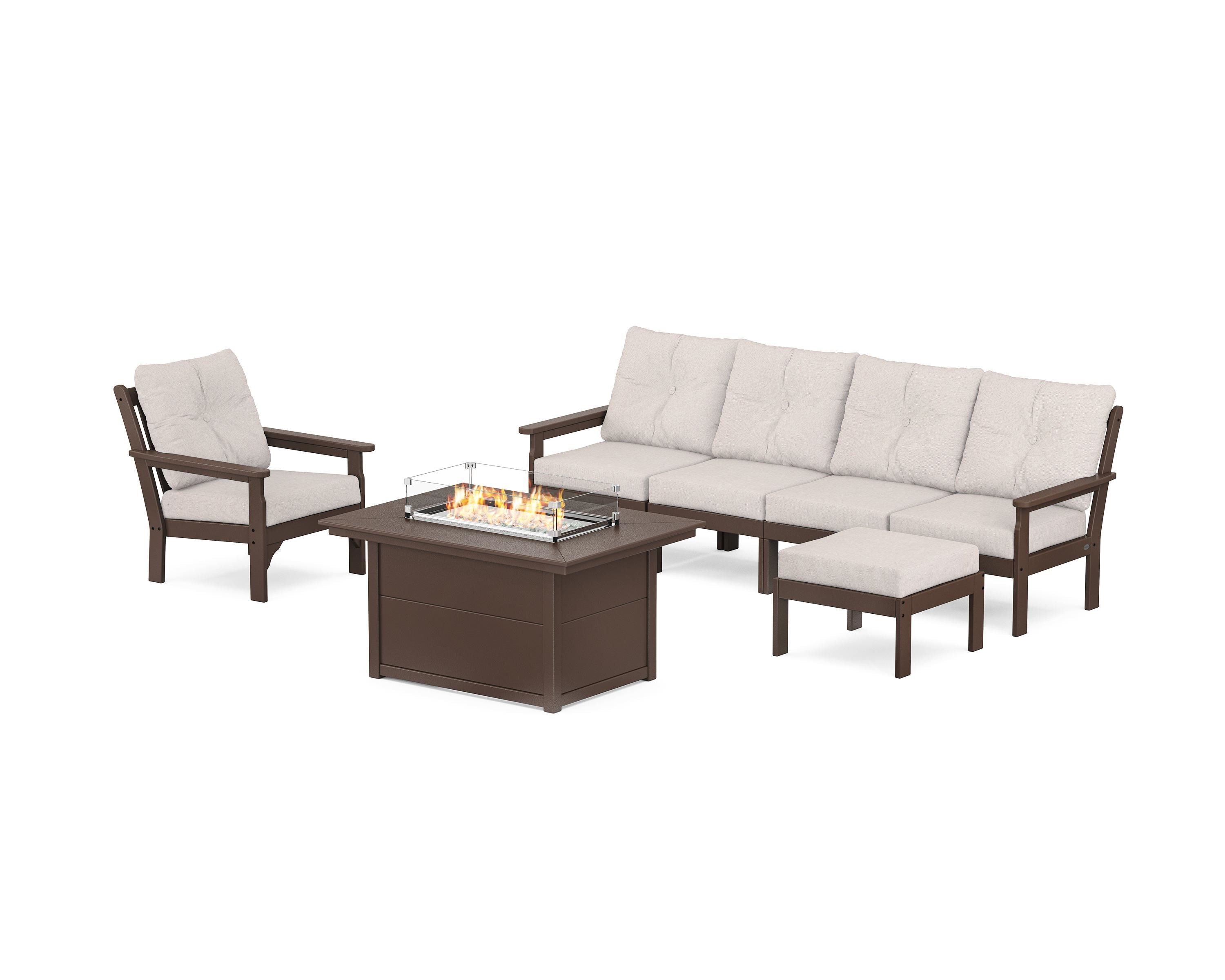 POLYWOOD® Vineyard Sectional Lounge and Fire Pit Set in Mahogany / Dune Burlap