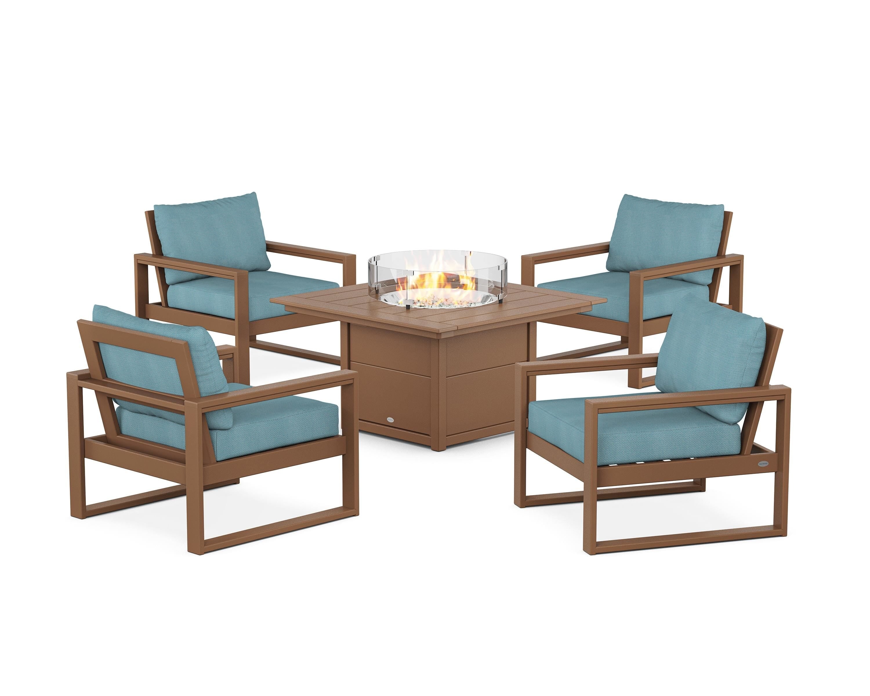 POLYWOOD® EDGE Sectional 5-Piece Deep Seating Set with Fire Pit Table in Teak / Lattice Sky Blue