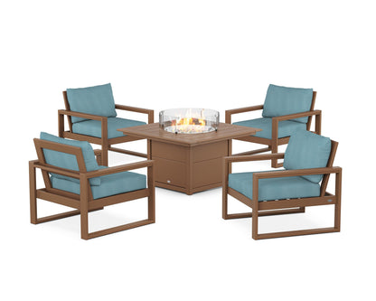 POLYWOOD® EDGE Sectional 5-Piece Deep Seating Set with Fire Pit Table in Teak / Lattice Sky Blue