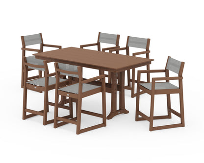 POLYWOOD® EDGE Sling Arm Chair 7-Piece Farmhouse Counter Set with Trestle Legs in Teak / Metallic Sling