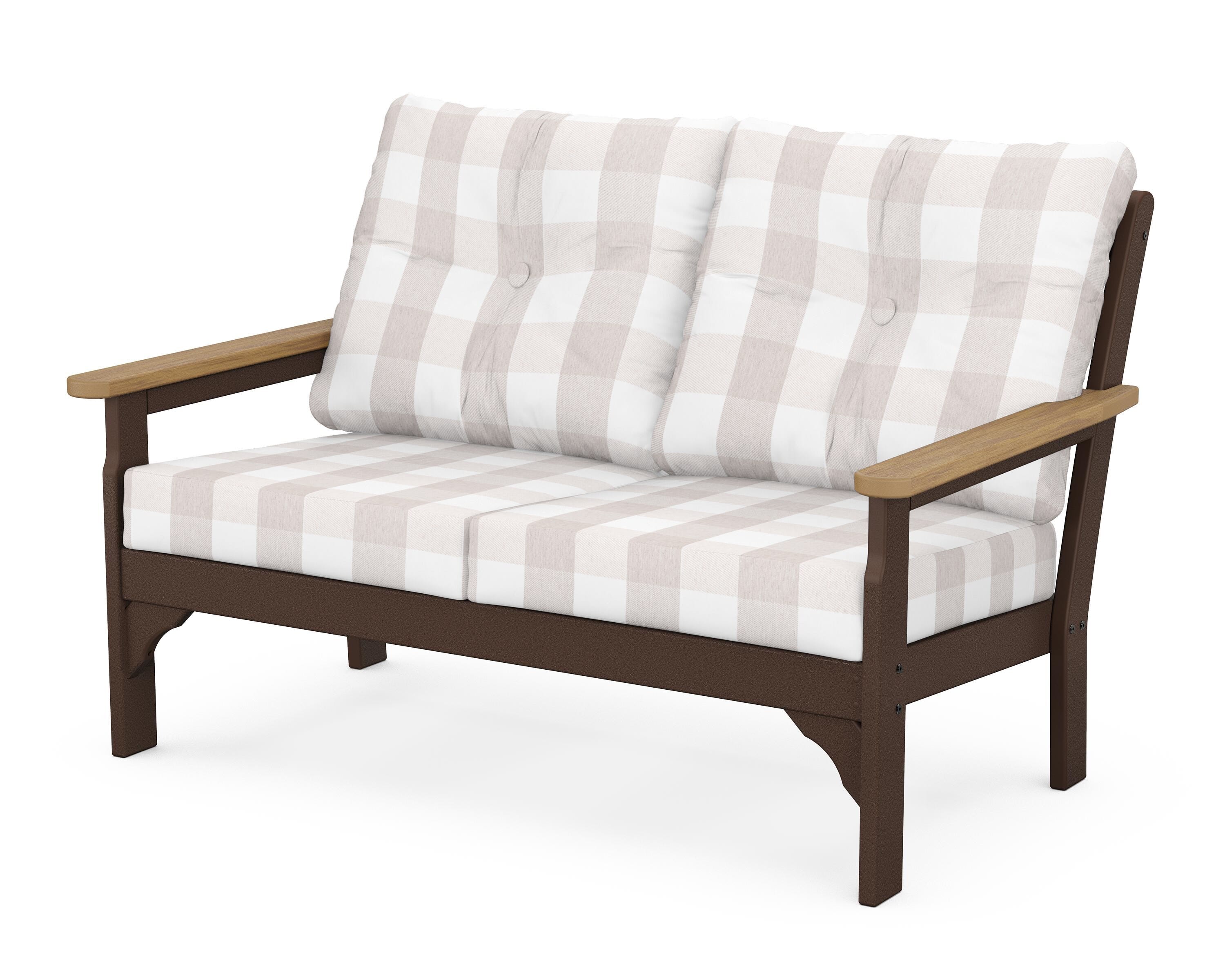 POLYWOOD® Vineyard Deep Seating Loveseat in Mahogany / Natural / Buffalo Plaid Dune Burlap