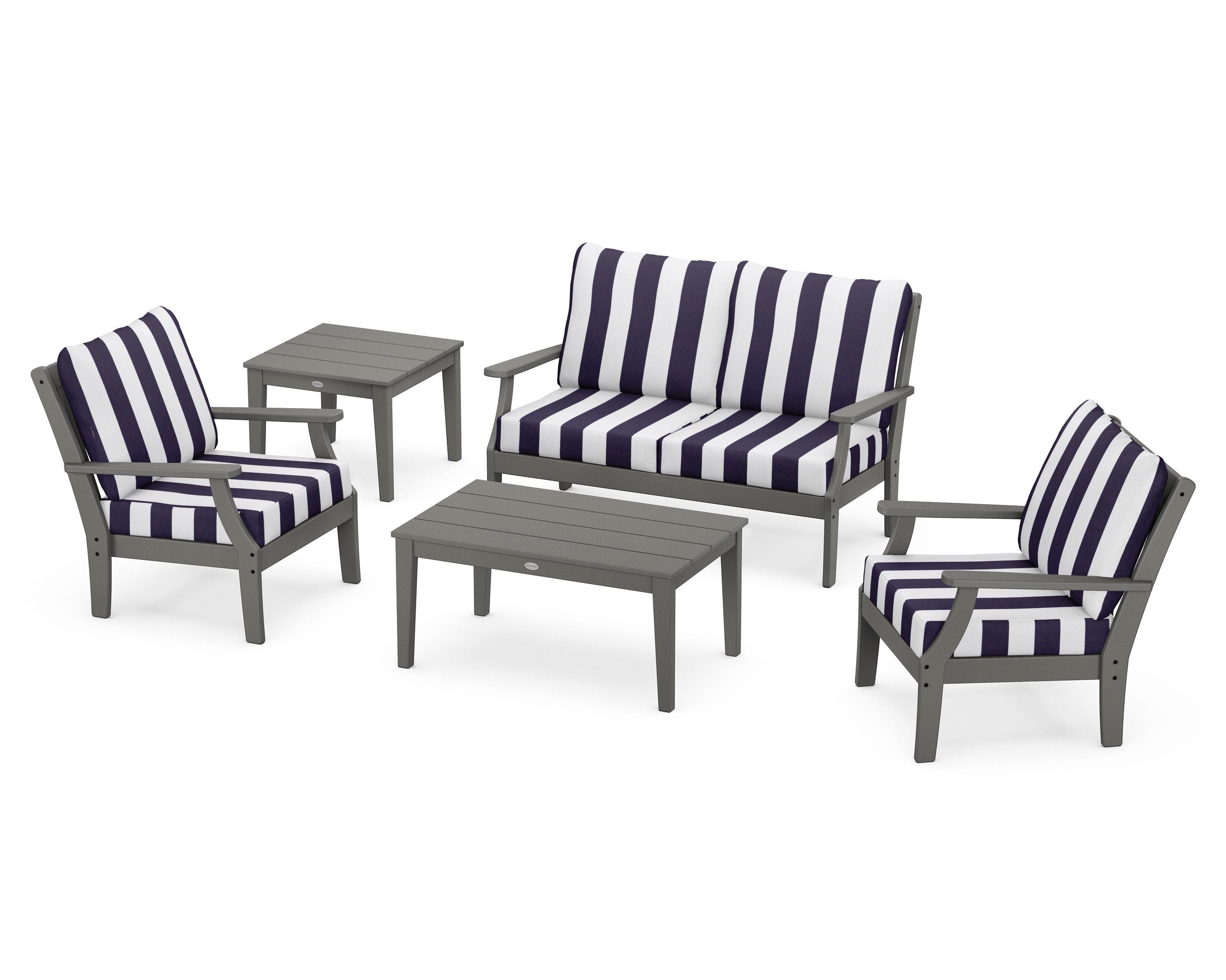 POLYWOOD® Braxton 5-Piece Deep Seating Set in Slate Grey / Cabana Stripe Navy