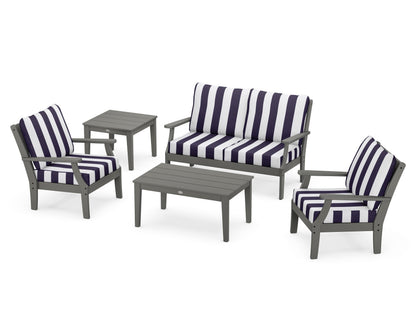 POLYWOOD® Braxton 5-Piece Deep Seating Set in Slate Grey / Cabana Stripe Navy