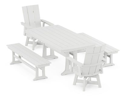 POLYWOOD® Modern Curveback Adirondack Swivel Chair 5-Piece Dining Set with Trestle Legs and Benches in White